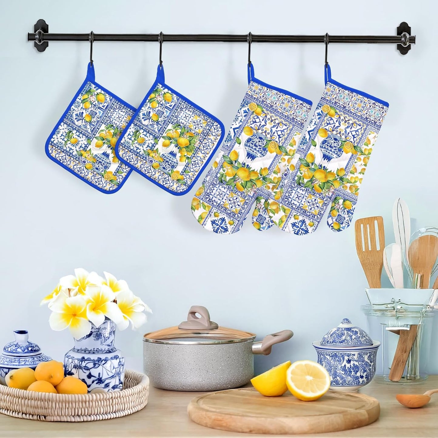 Yellow Lemon Oven Mitts and Pot Holders Sets 4Pcs, 100% Cotton Heat Resistant, Extra Long Oven Gloves Potholder for Kitchen Cooking Baking Decoration