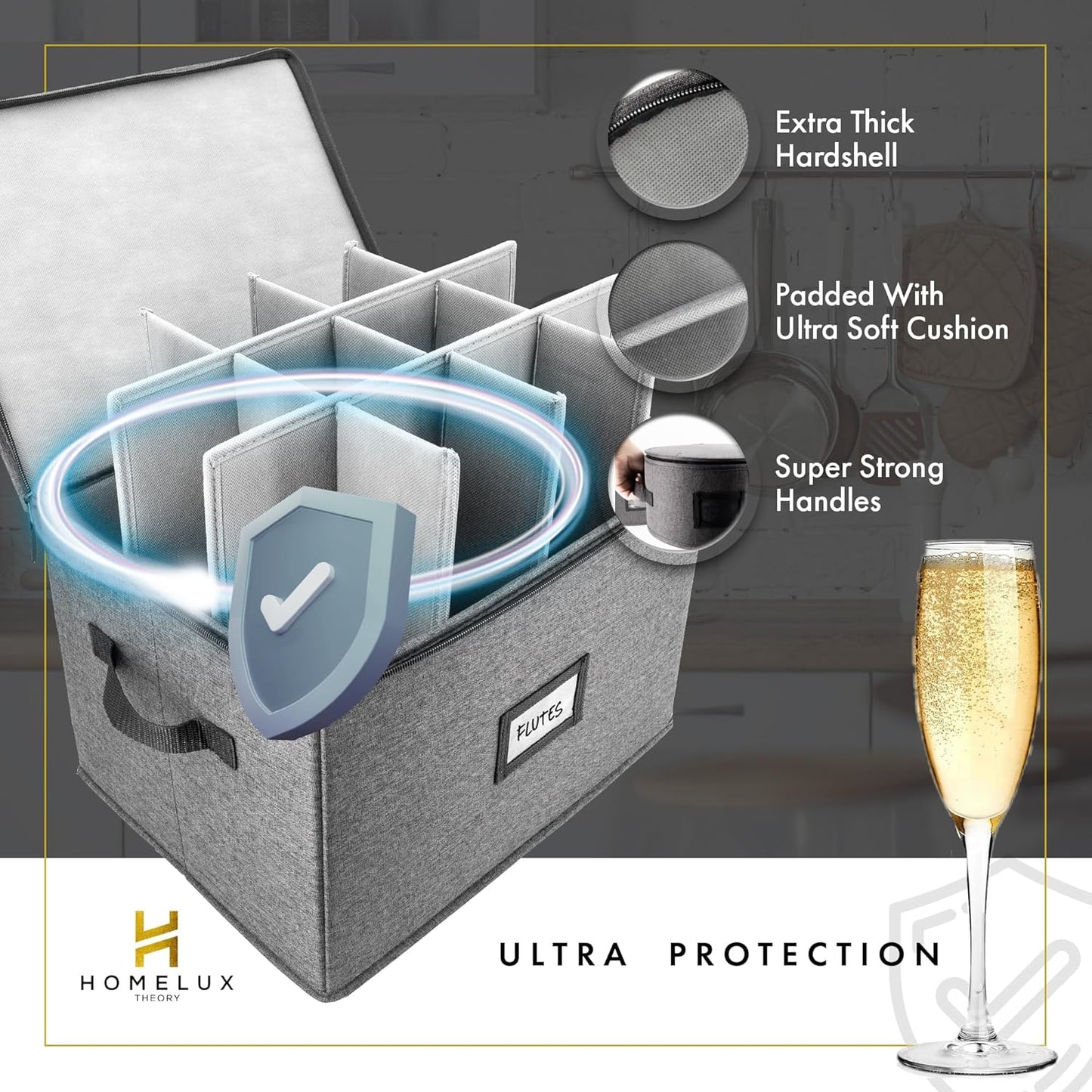 HOMELUX THEORY Champagne Flute Storage Box, Light Gray Hard Shell China Storage Containers, Kitchen Storage Bins With Lids, Heavy Duty Moving Box for Glasses & Stemware, Glassware & Wine Glass