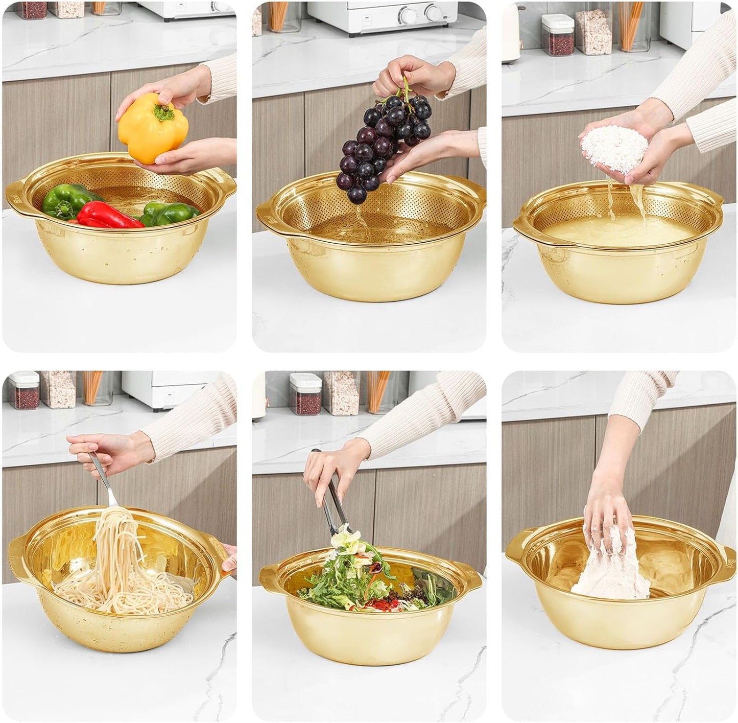 304 Stainless Steel Microporous Colander with Handle, Rice Washers Microporous Strainer Set For washing vegetables, fruits and rice, and draining cooked pasta(2.5QT with handle-Gold)