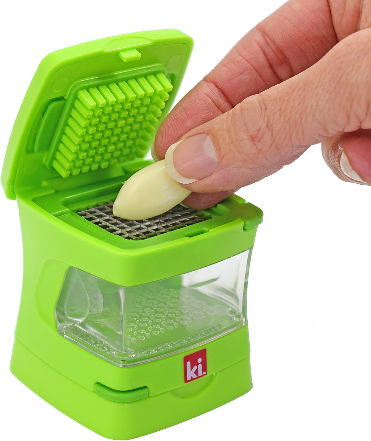 Garlic-A-Peel Garlic Press, Crusher, Cutter, Mincer, and Storage Container - Includes Silicone Garlic Peeler - Easy to Clean - Stainless Steel Blades – (Green), standard