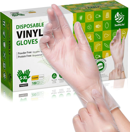 Disposable Vinyl Gloves, Food Safe, Latex-Free Powder-Free Clear Plastic Gloves for Cooking, House Clean, Food Prep