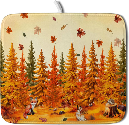 Autumn Drying Matt Kitchen Counter Small Absorbent Coffee Mat Fall Forest Microfiber Drying Mat for Holiday Decor