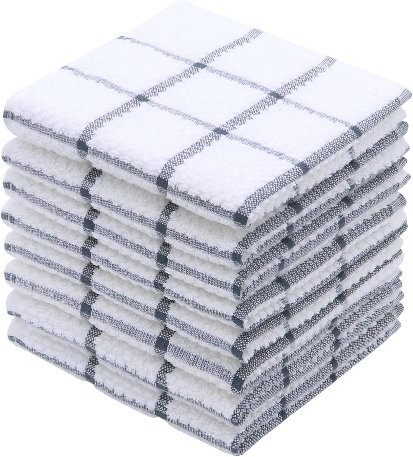 Cotton Grid Dish Cloths, Terry Cleaning Rags, 12 x 12 Inches, Light and Soft, Quick Drying Dish Rags, 8pc/Set (Grey)