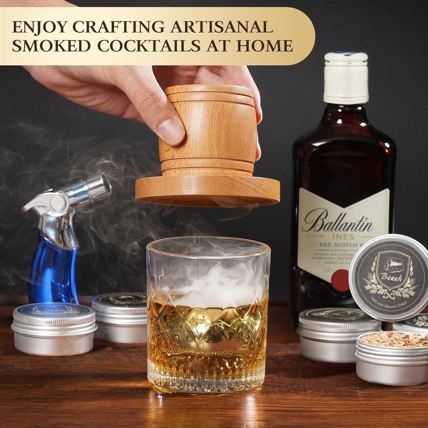 Whiskey Smoker Kit with Torch - Old Fashioned Cocktail Smoker Kit with 6 Flavors Wood Chips | Bourbon Drink Smoke Set with 2 XL Stainless Steel Ice Balls & 2 Glasses for Men, Dad(No Fuel Included)