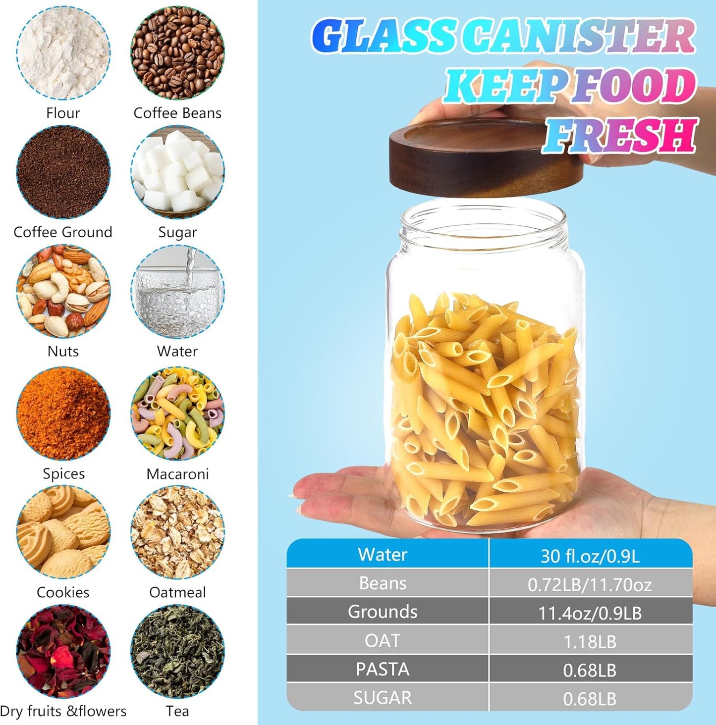 Glass Spice Jar Coffee Sugar Container Airtight Glass Jar Food Storage Canisters Bottle for Kitchen Seasoning Tea Herb Overnight Oats Bar Parfait Snacks (900ml/30oz-2 Pcs)