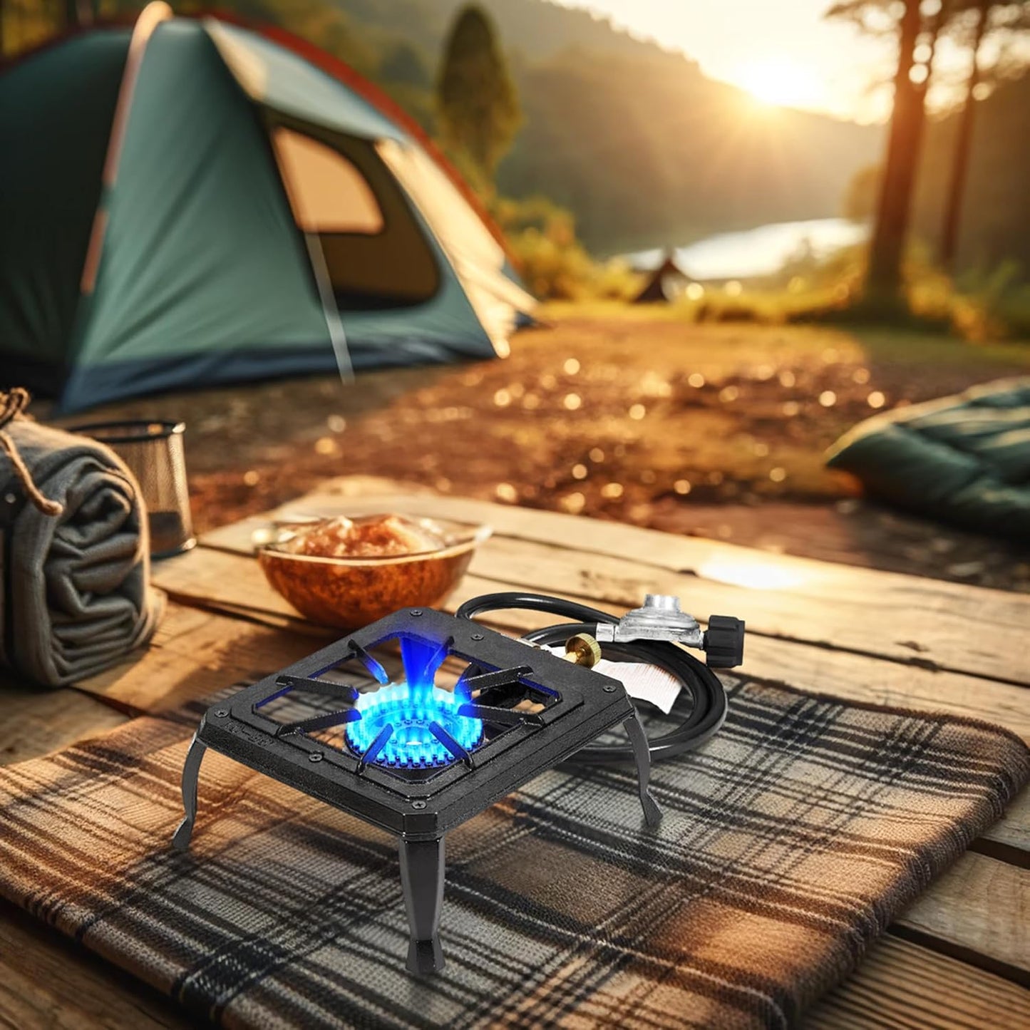 Vivicreate Single burner cast iron flame camping stove, include CSA listed regulator and gas hose (HT-C-0011)