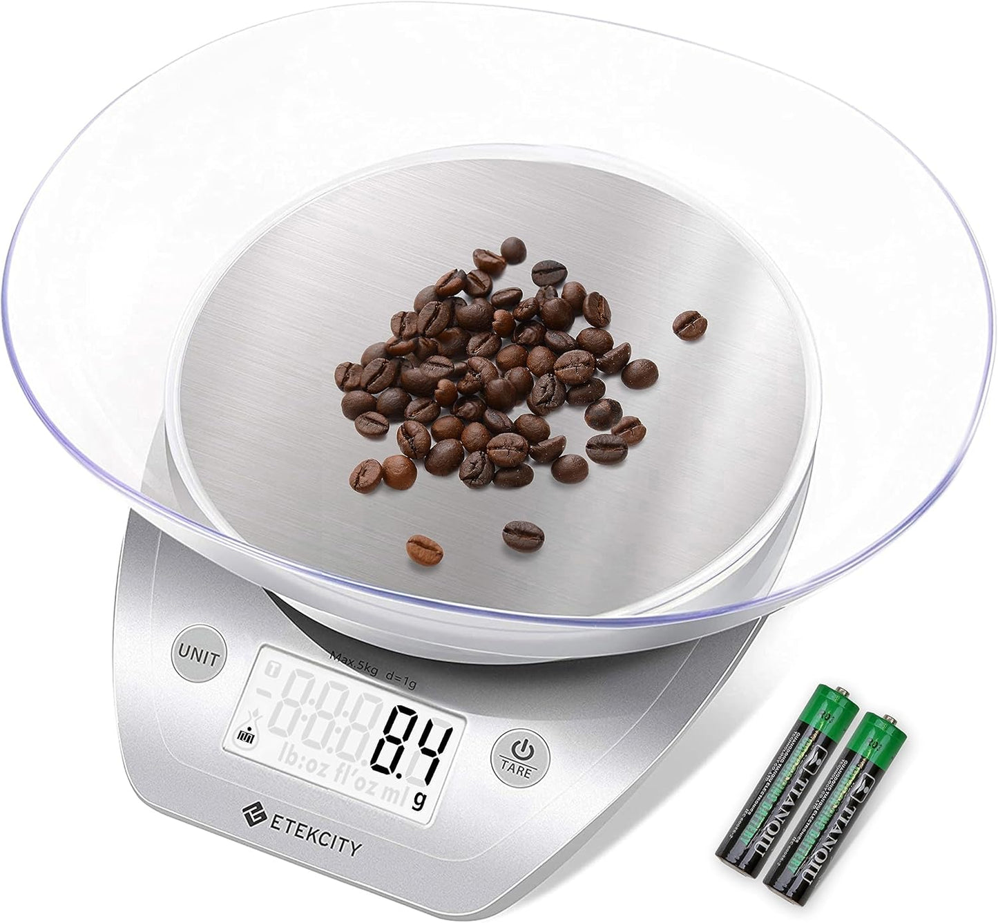 Etekcity 0.1g Food Kitchen Scale, Bowl, Digital Grams and Ounces for Weight Loss, Dieting, Baking, Cooking, and Meal Prep, 11lb/5kg, Stainless Steel Silver