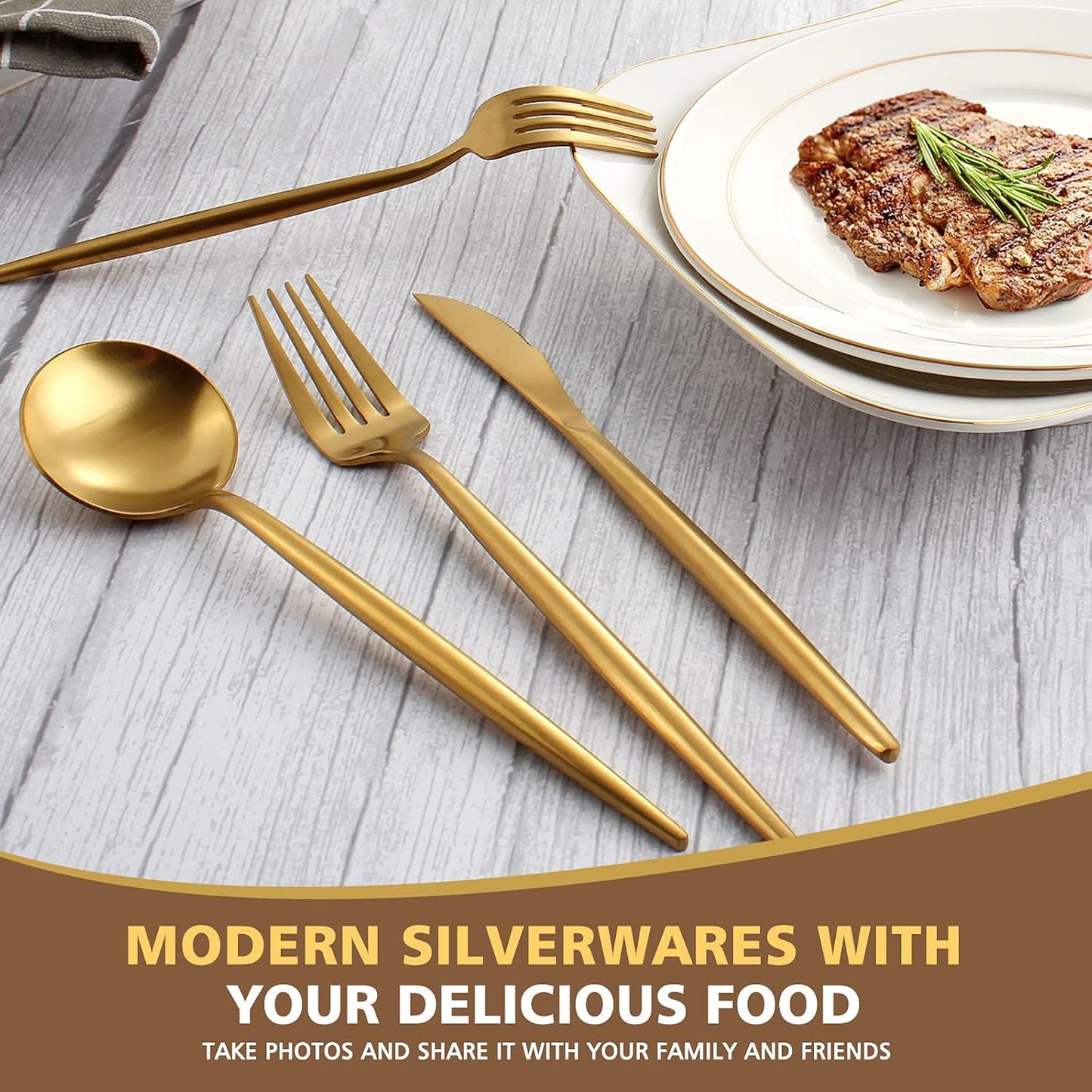 Matte Gold Silverware Set, Oliviola 60-Piece Stainless Steel Flatware Cutlery Set Service for 12, Satin Finish Kitchen Utensil Set, Dishwasher Safe