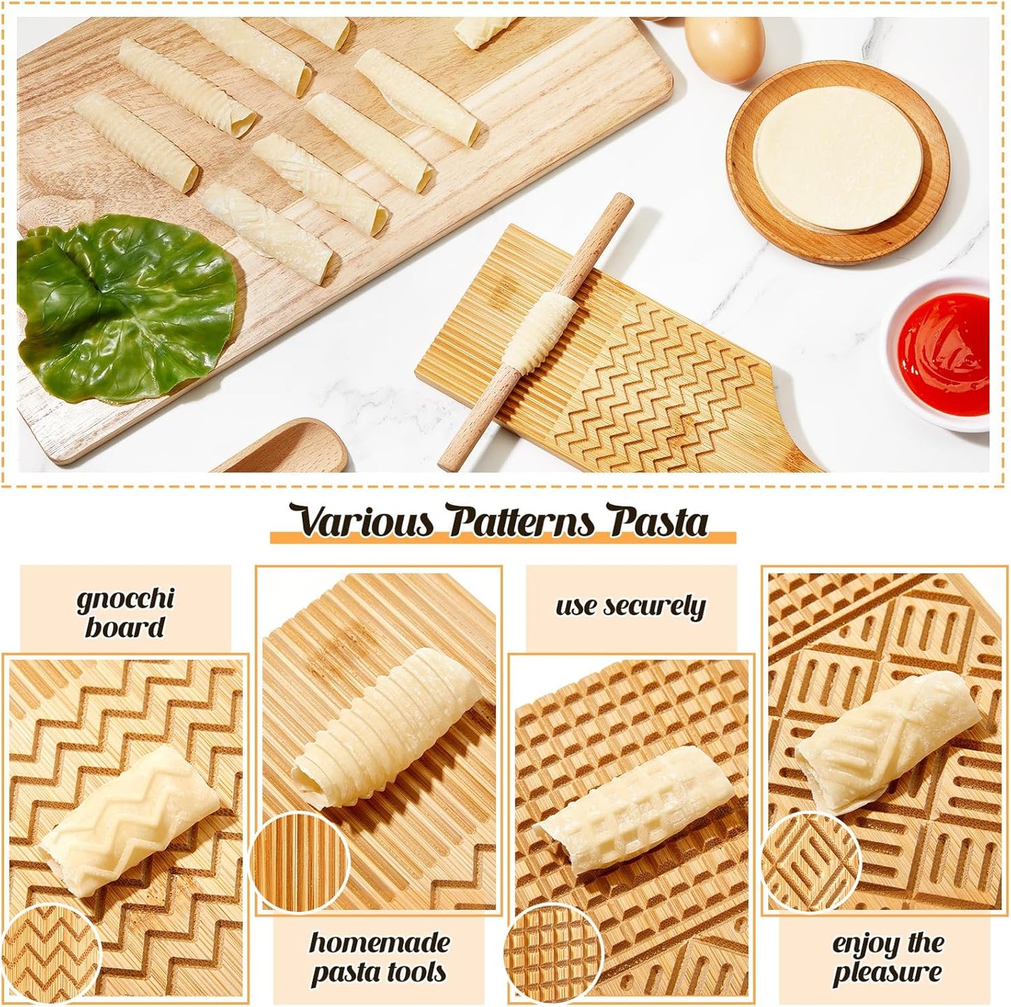 Tioncy 7 Pcs Gnocchi Pasta Making Tool, Wood Gnocchi Board with Ravioli Stamp and Rolling Pin Set Homemade Kitchen Gift for Baking Lovers(Plaid and Stripe Style)