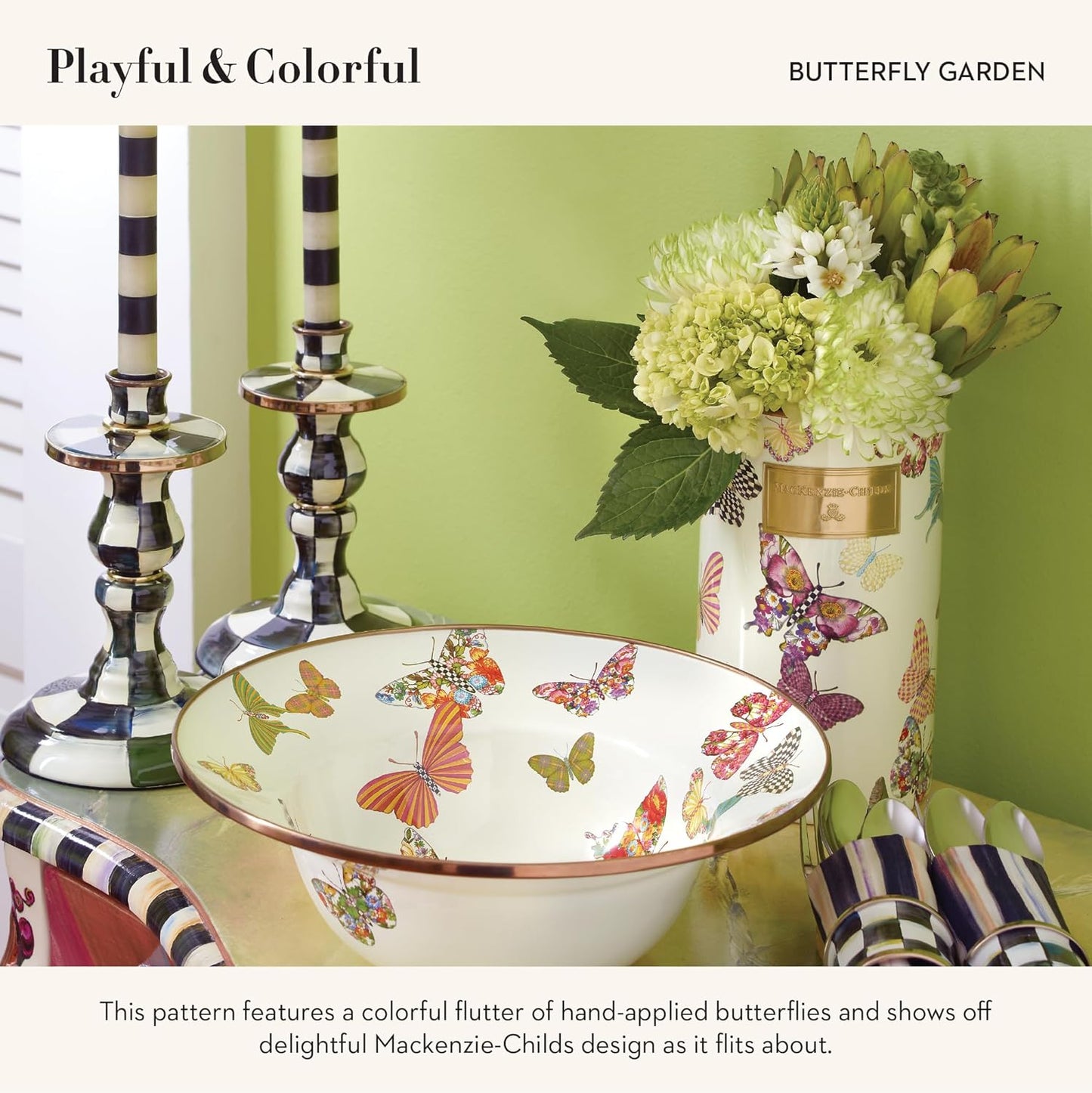 MACKENZIE-CHILDS Enamel Utensil Holder, Kitchen Utensil Holder for Countertop, Storage Caddy, Butterfly Garden