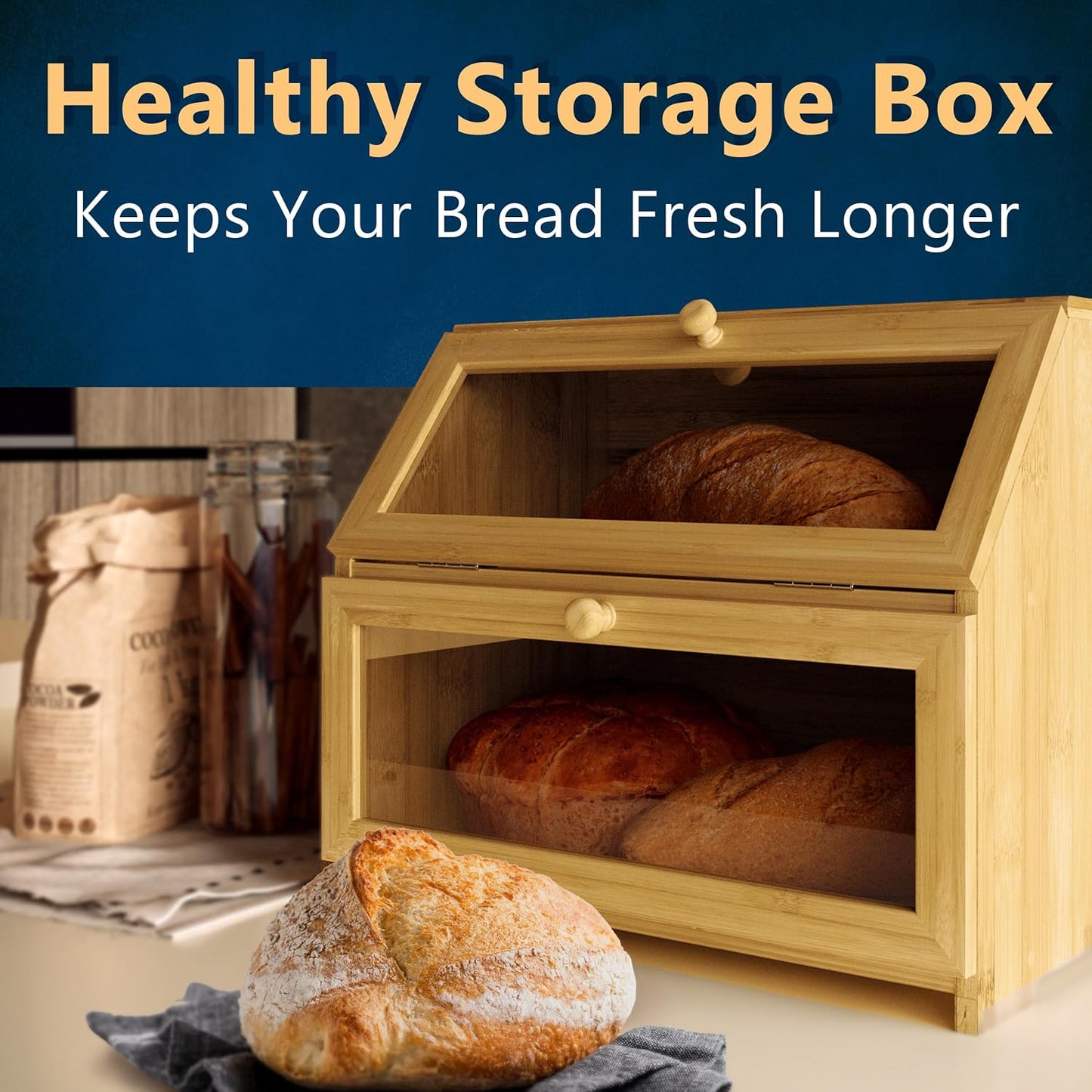 Bamboo Bread Box Space Saving Rustic Flat-Top Bread Bin for Countertop - Store Bread Cake and Baked Goods - 15 x 9.8 inches (2 Tier box)