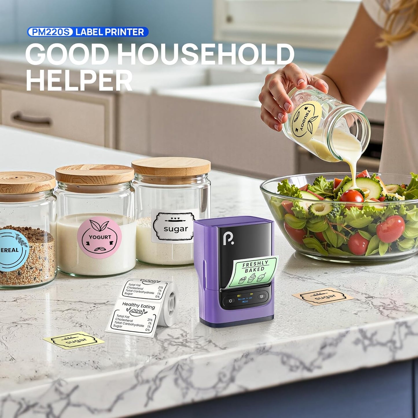 POLONO PM220S Label Maker Machine with Tape, 2 Inch Bluethooth Portable Thermal Label Printer for Small Business, Office, Home, Address, Logo Label, Sticker Printer for Phone/Tablet/PC, Purple