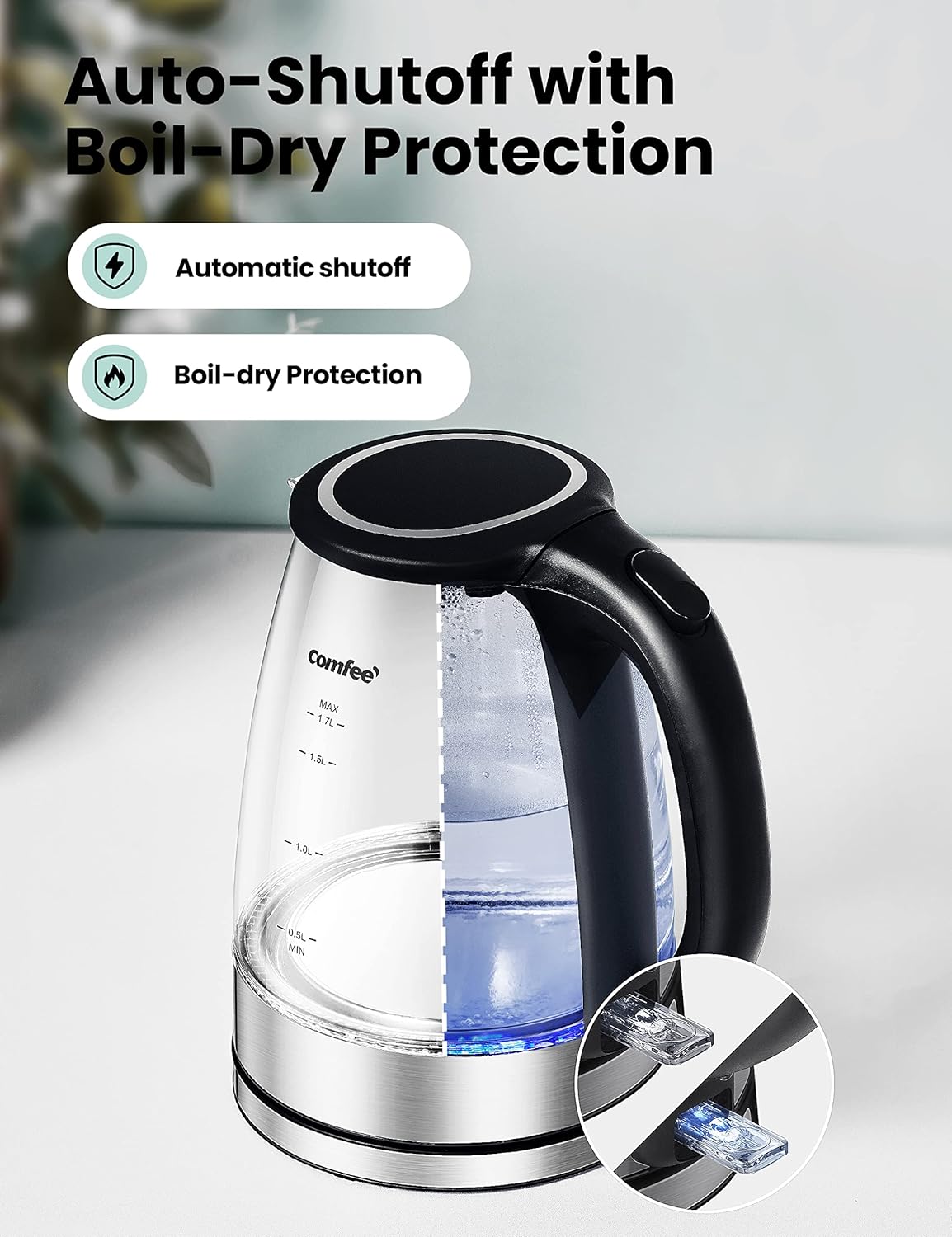COMFEE' Glass Electric Tea Kettle & Hot Water Kettle Electric, 1.7L Electric Kettle with LED Indicator, 1500W Fast Boil, Auto Shut-Off and Boil-Dry Protection