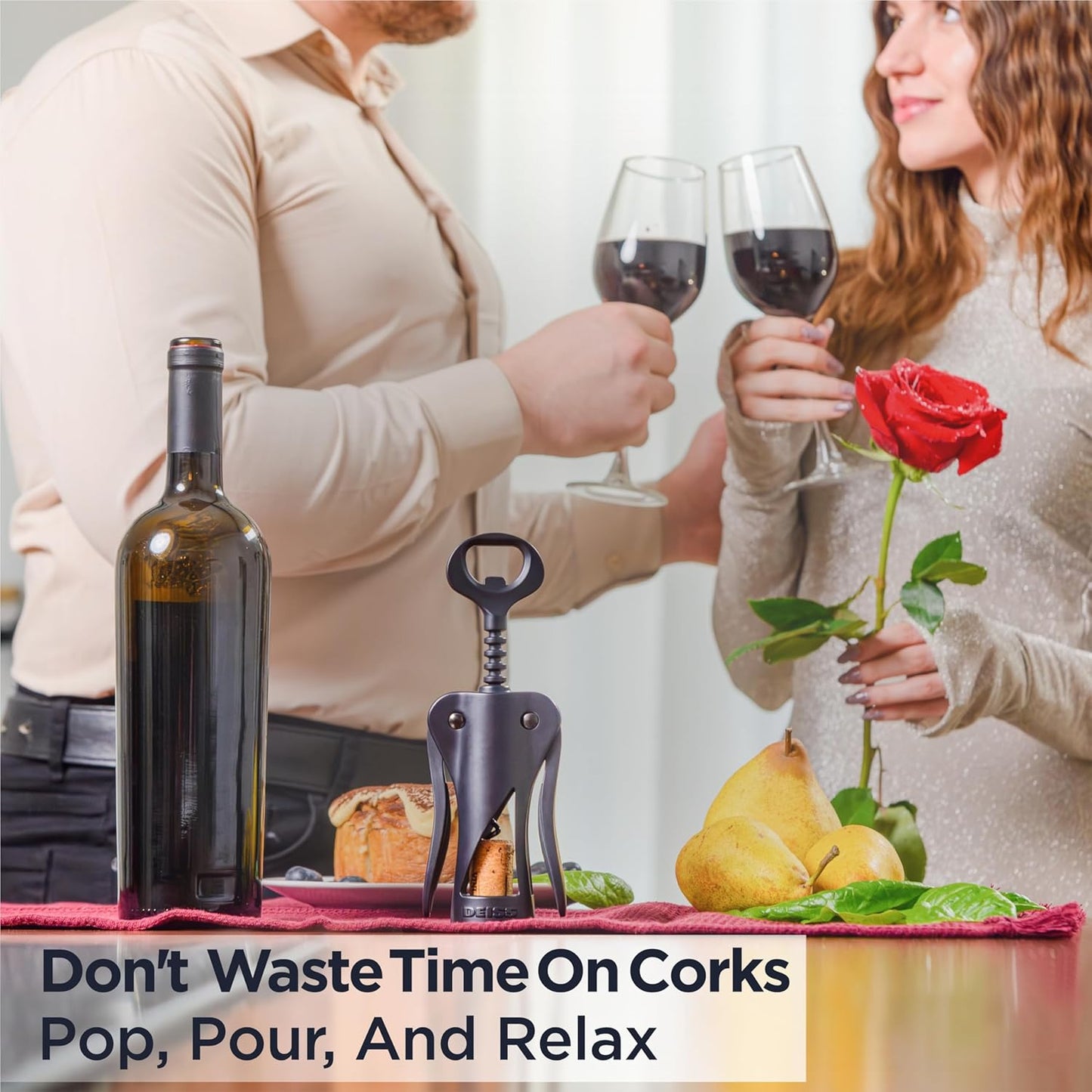 Deiss LUX Wine Opener, All-Metal Wing Corkscrew Wine Bottle Opener with Built-in Beer Bottle Opener - Ergonomic Cork Screw Wine Corker, Silver Matte Coating, Velvet Storage Pouch (BLACK)