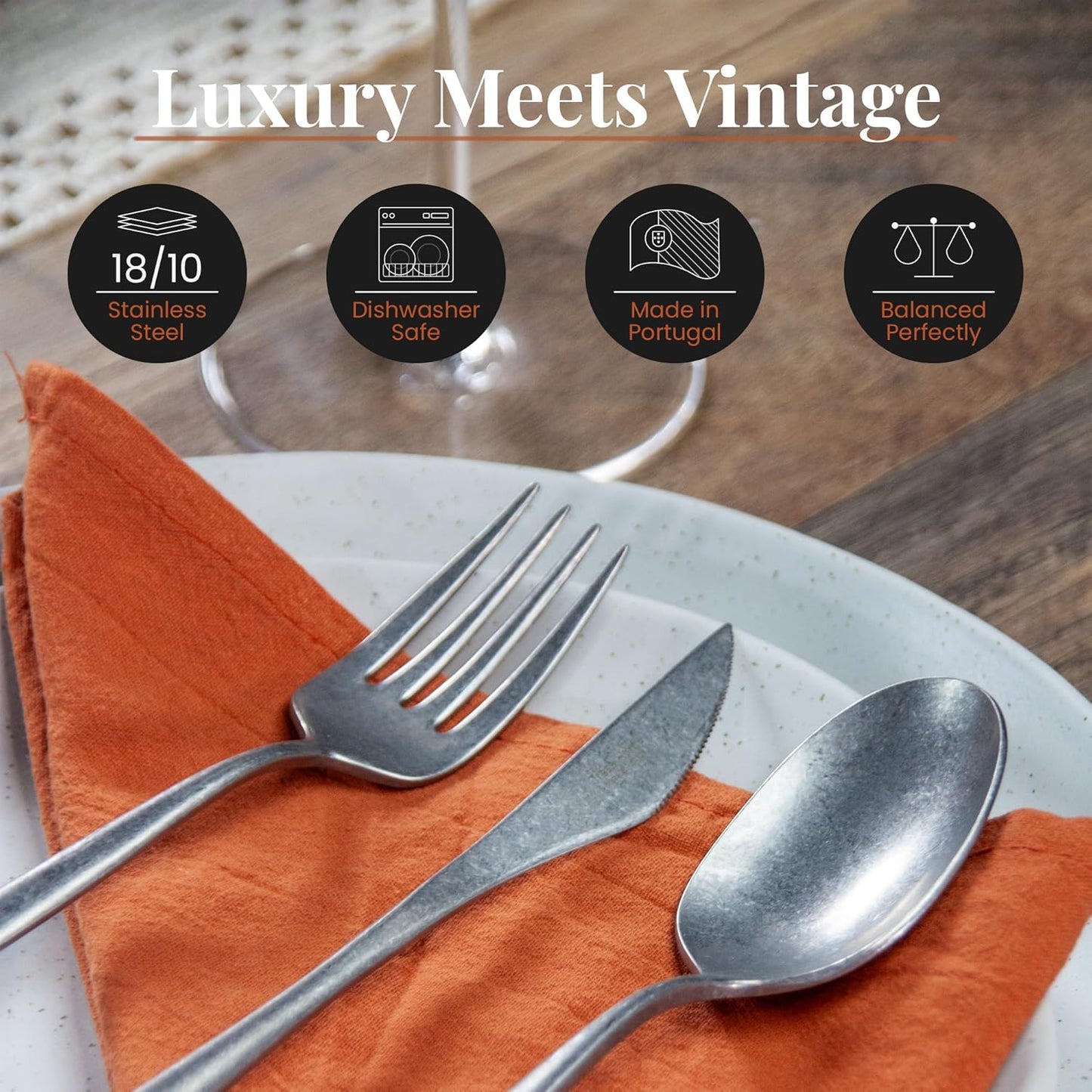 Luxury Vintage Flatware 20-Piece Set – Service for 4, Premium Stainless Steel with Weighted Handles, Aged Heirloom Finish, Dishwasher Safe, Elegant and Modern Cutlery (Vintage Silver)
