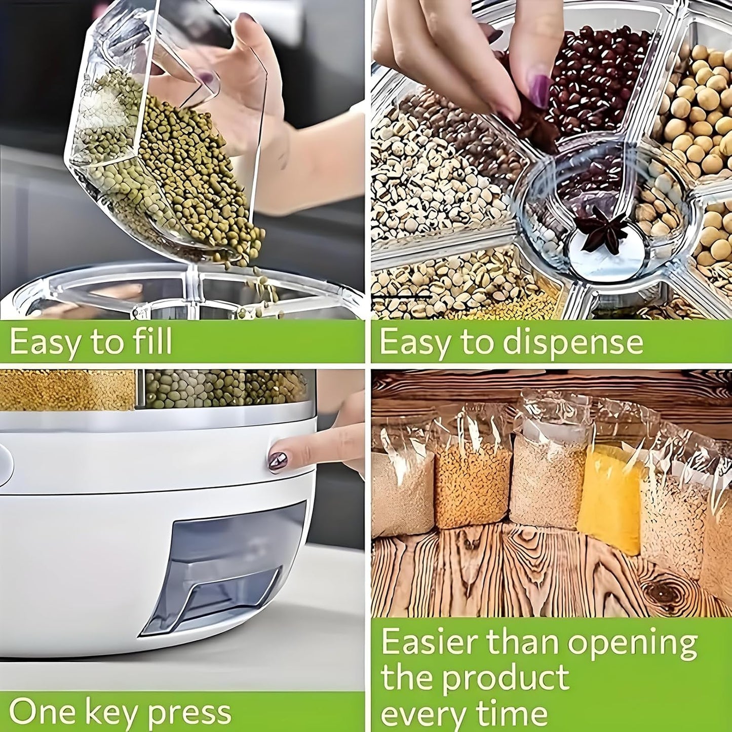 Rotating Grain Storage Bin 6 Grids Rice Container One-Click Output Large Capacity Food Dispenser For Rice Grains or Pet Food Sealed Moisture Proof Organizer