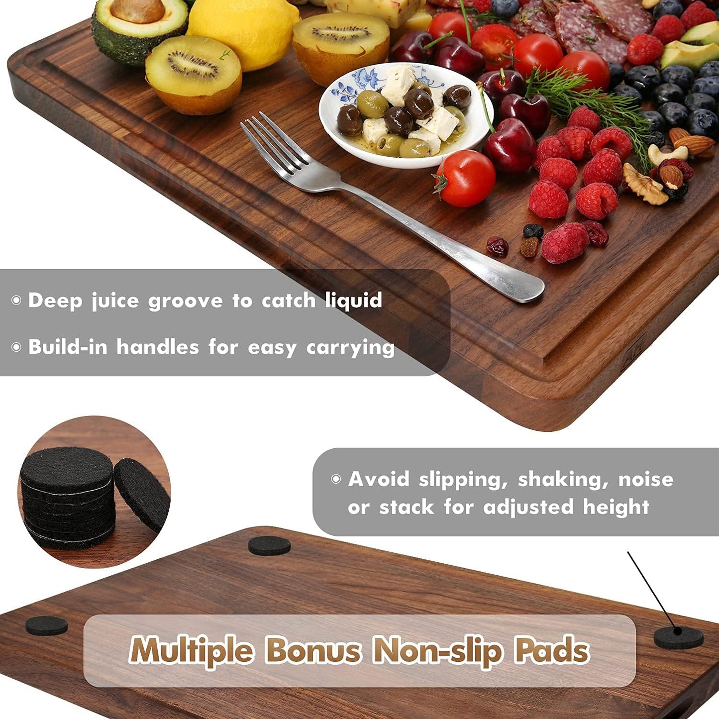 AZRHOM XL Large Walnut Wood Cutting Board for Kitchen 20x15 (Gift Box) with Juice Groove Handles Non-slip Mats Thick Reversible Butcher Block Chopping Board