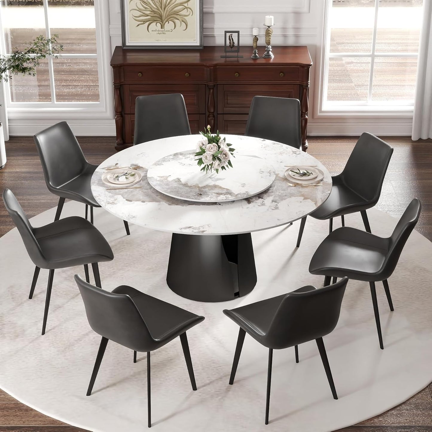 Montary 59" Modern Artificial Marble Round Dining Table with Black Carbon Steel Base & 31.5" White Sintered Stone Turntable, Dining Room Table with Lazy Susan for 6-8 (Only Table)