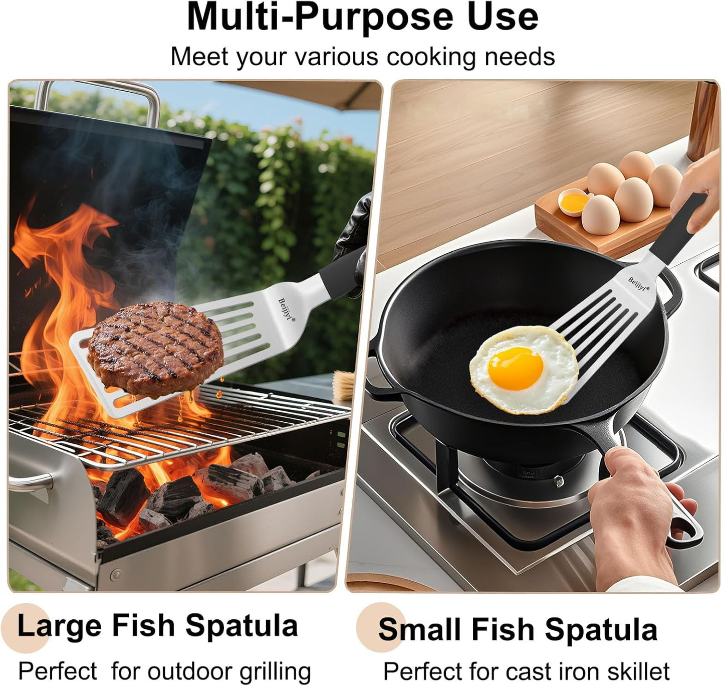 Beijiyi 2 Pack Fish Spatula Set, Stainless Steel Slotted Turner for Flipping Fish, Egg, Burgers, Metal Spatulas for Kitchen and Grilling Thickened Cooking Utensils with Silicone Handle, 13.3" & 11.3"