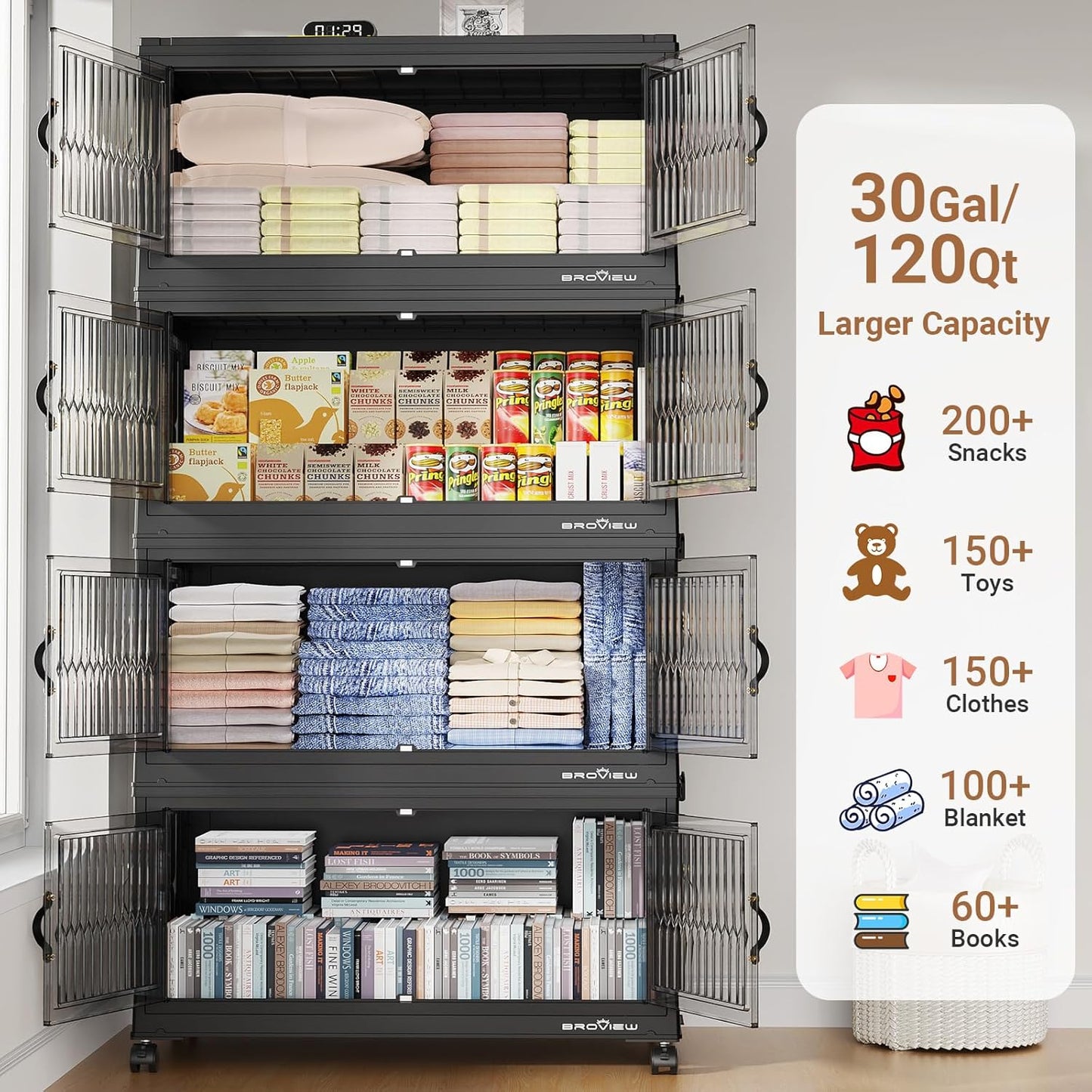 360QT Large Stackable Storage Bins with Lids, Plastic Closet Organizer and Storage Drawer, Collapsible Storage Box with Wheels, Folding Storage Cabinet with Doors for Home Kitchen, 3Pack Black