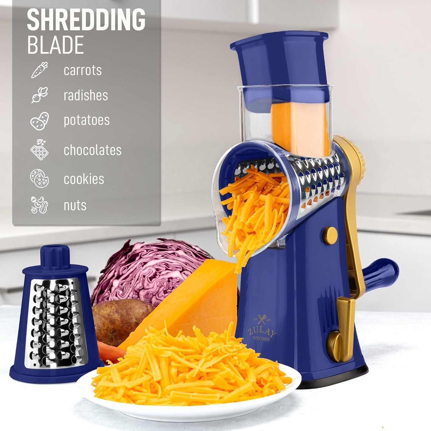Zulay Kitchen Rotary Cheese Grater 5 Blade Cheese Shredder - Manual Hand Crank Cheese Grater With Reinforced Suction & 5 Interchangeable Drums - Easy to Use, Vegetable Chopper Round Mandoline Slicer