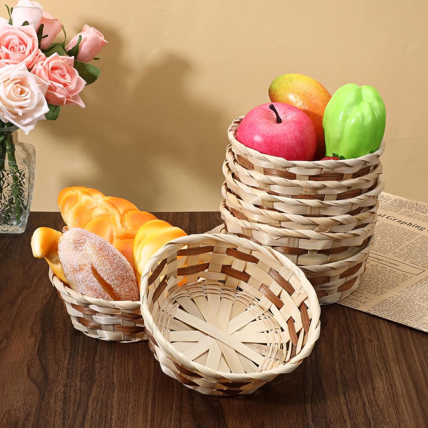 12 Pack Round Gift Baskets, 7" Small Bamboo Woven Bread & Fruit Baskets, Food Storage Serving Basket for Kitchen, Restaurant, Centerpiece Display, Party, Wedding