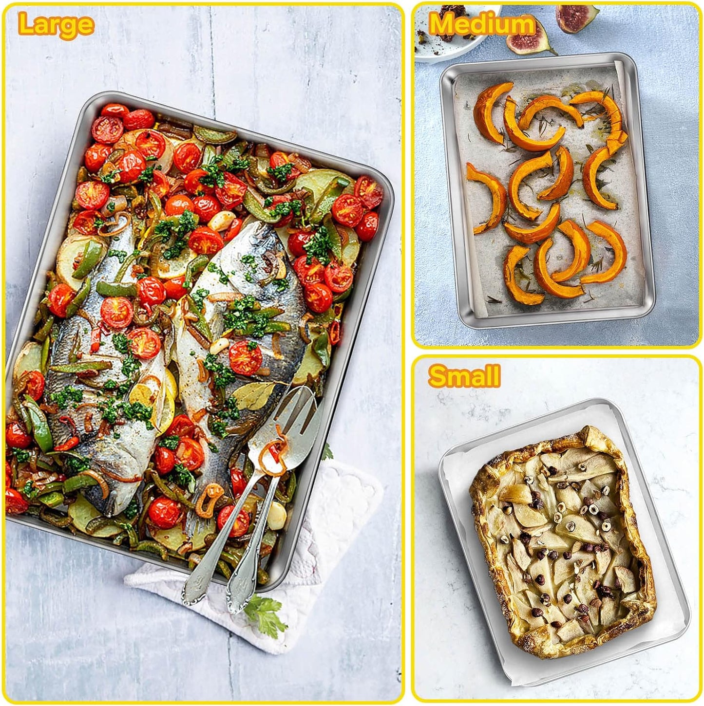 E-far Baking Cookie Sheet Pan Set of 3, 16/12.4/10.4 Inch, Stainless Steel Baking Pans Set for Oven, Rectangle Baking Tray for Cooking Roasting, Non Toxic & Easy Clean, Dishwasher Safe