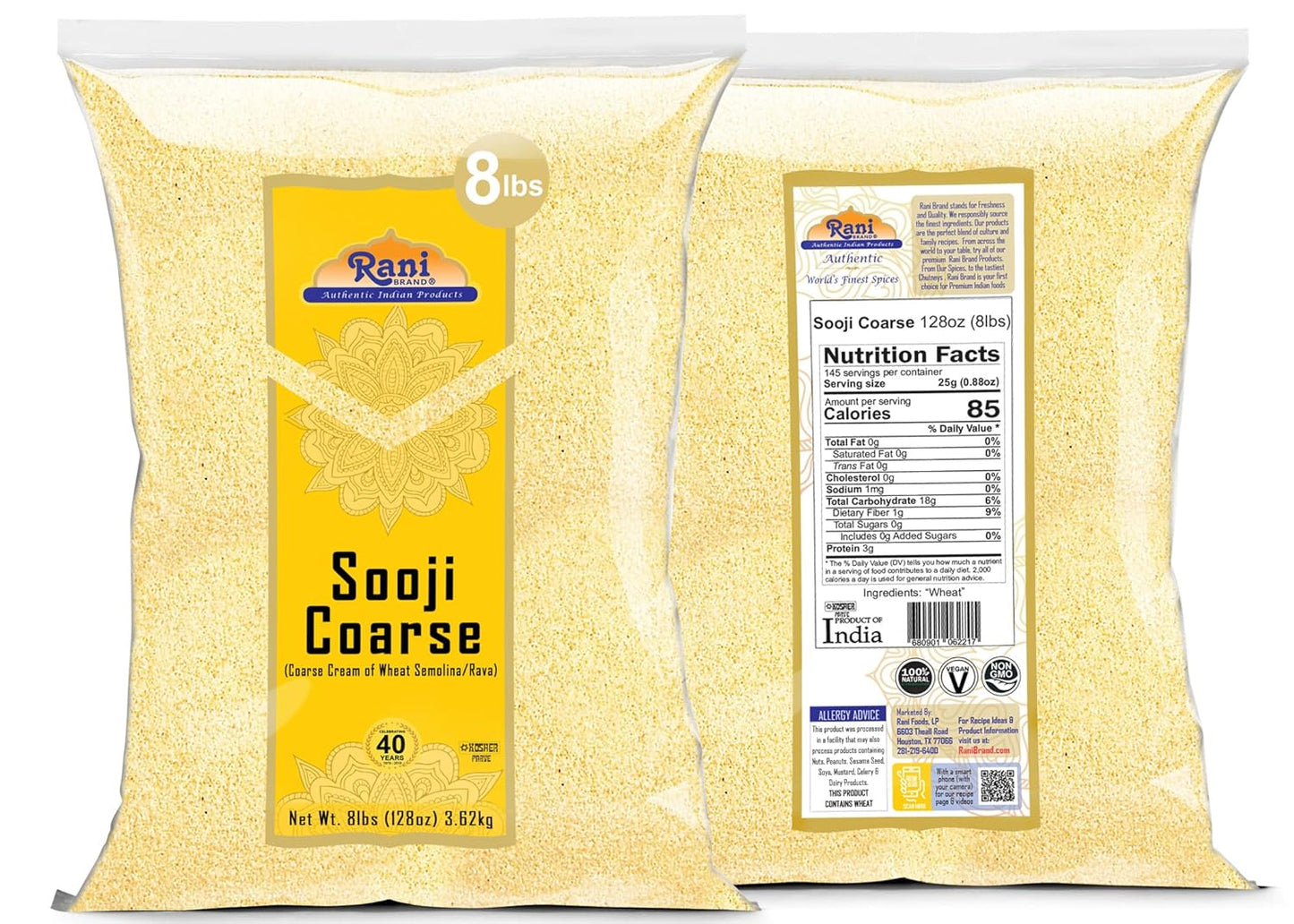 Rani Sooji Coarse (Farina, Suji, Rava, Rawa, Wheat Semolina) Flour 128oz (8lbs) 3.63kg Bulk ~ All Natural | Vegan | NON-GMO | Kosher | Indian Origin
