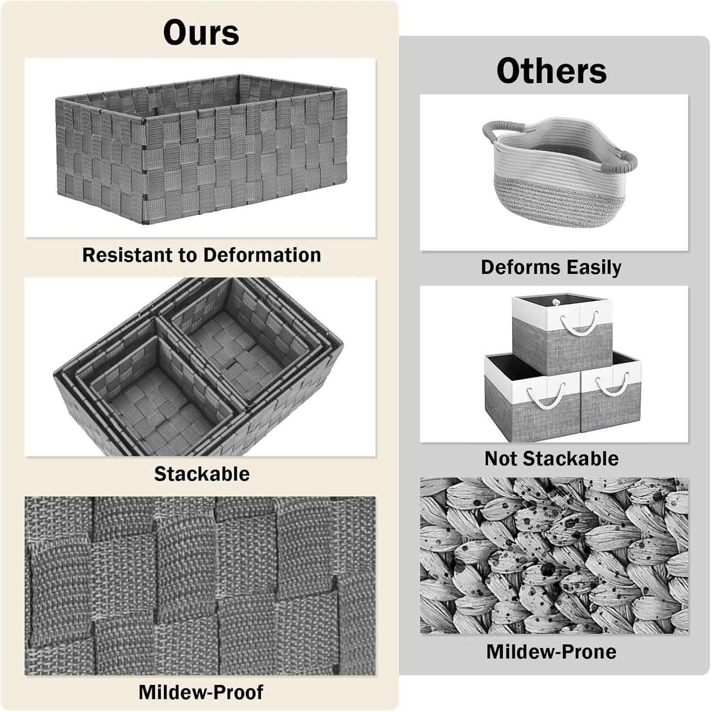 Woven Storage Baskets, Storage Bins, Cube Basket Container Baskets Storage Boxes Organizers for Clothes /Shelves/ Closet, Set of 6 (Grey)