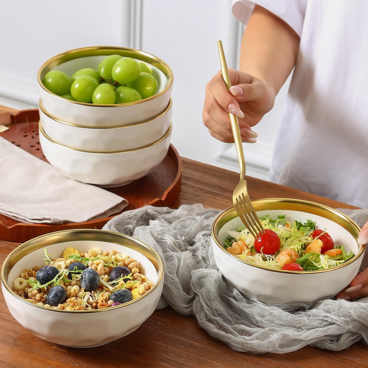 vicrays Ceramic Salad Bowls Set for Kitchen, Serving - 24 Ounce Soup Bowls, Pasta Bowls, Chip Resistant, Dishwasher Safe, NOT Microwave Safe, Fluted, Stoneware, Set of 6 (White with Golden)