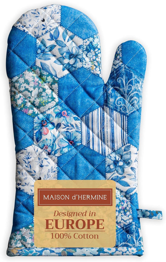 Maison d' Hermine Oven Gloves 100% Cotton Oven Mitt 7" x 13" with Loop Heat Resistant, BBQ, Cooking Gloves, Baking, Grilling, Kitchen, Handling Hot Pans Spring/Summer (Pack of 1, Summer Blues)