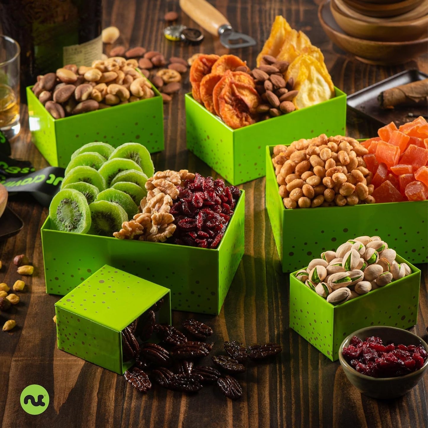 NUT CRAVINGS - Dried Fruit & Mixed Nuts Gift Basket Green Tower + Ribbon (12 Assortments) Food Arrangement, Healthy Snack Care Package, Food Assortments