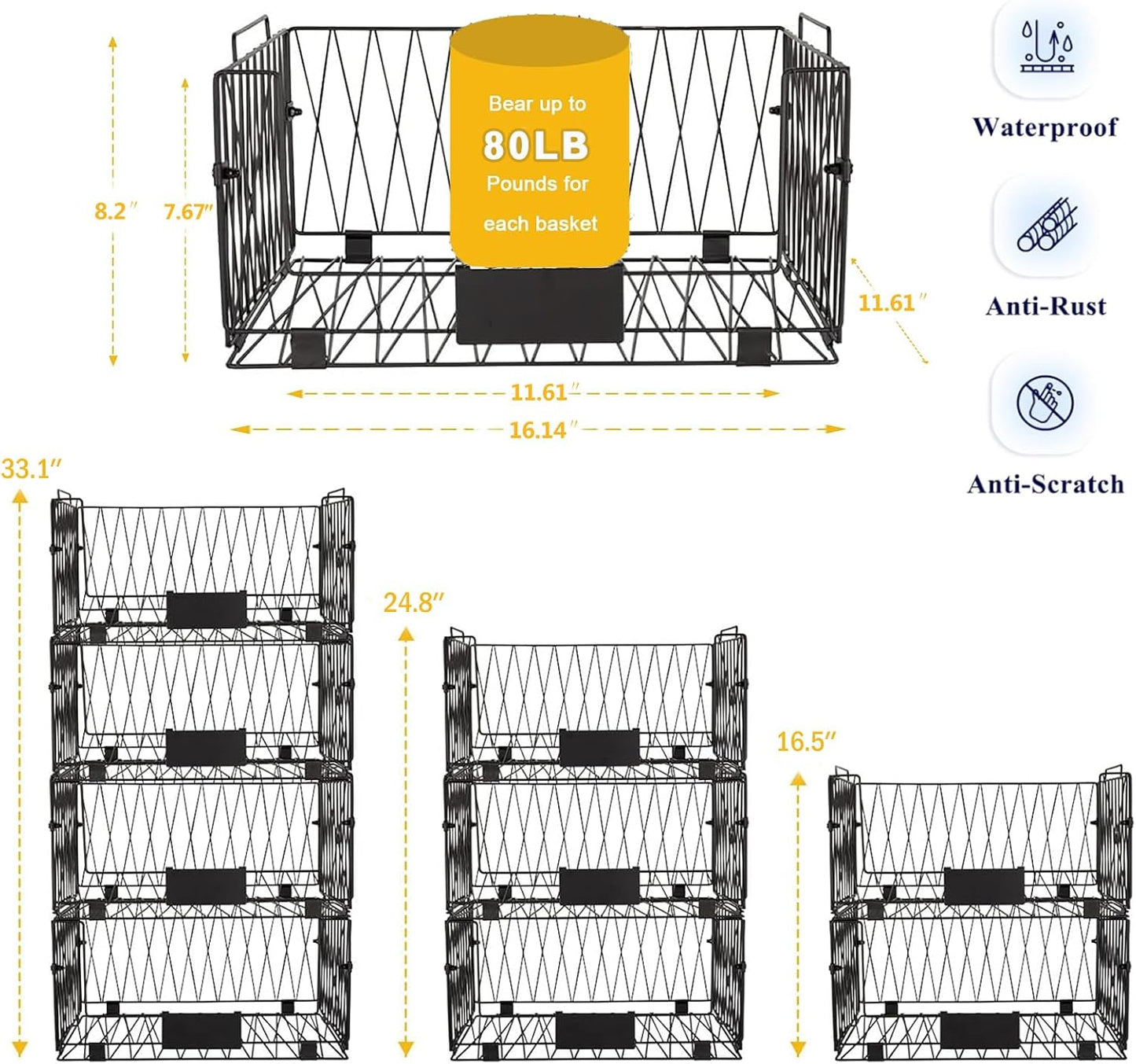 4 PACKS XXL Kitchen Organization and Storage Pantry Baskets, Fruit & Vegetable Basket for Kitchen Cabinet, Stackable Wire Baskets for Snack Chips Onion Potato Cans