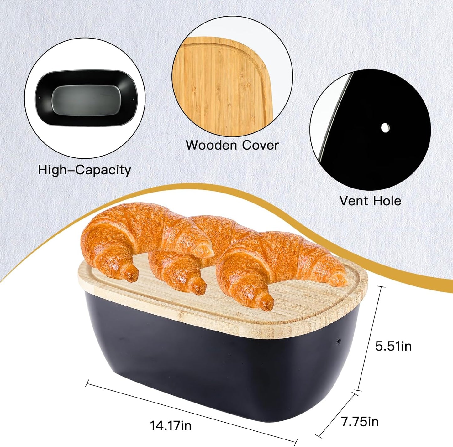 Bread Box for Kitchen Countertop - Bamboo Fiber Bread Bin with Reversible Cutting Board Lid, Juice Groove - Ventilated, Multi-Functional Storage Keeper for Freshness (14.2x7.8x5.5In, Black)