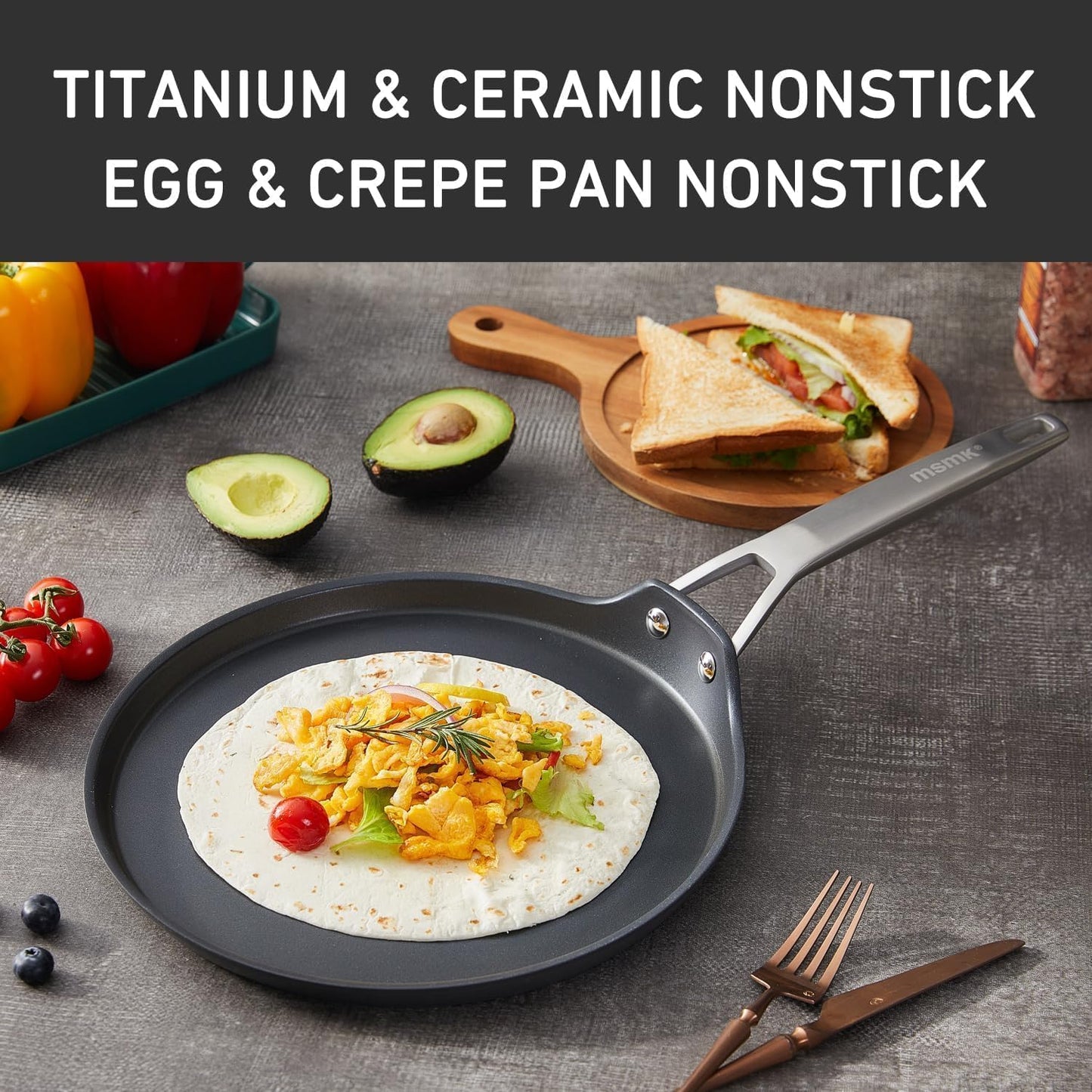 MsMk Crepe Pan with Spreader, 9 1/2 Inch Titanium and Ceramic Nonstick Flat Skillet Pancake Tawa Dosa Tortilla Pan, Induction Compatible, PFOA Free, Oven Safe to 700°F