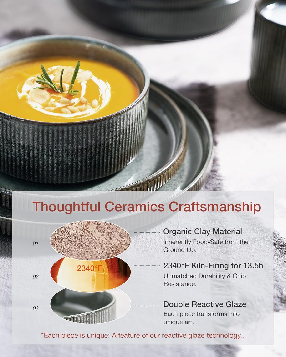 Famiware Star Dinnerware Set, Plates and Bowls Sets for 4 (12pcs), Ribbed Stoneware Dishes - Chip & Scratch Resistant, Microwave & Dishwasher Safe, Deep Forest