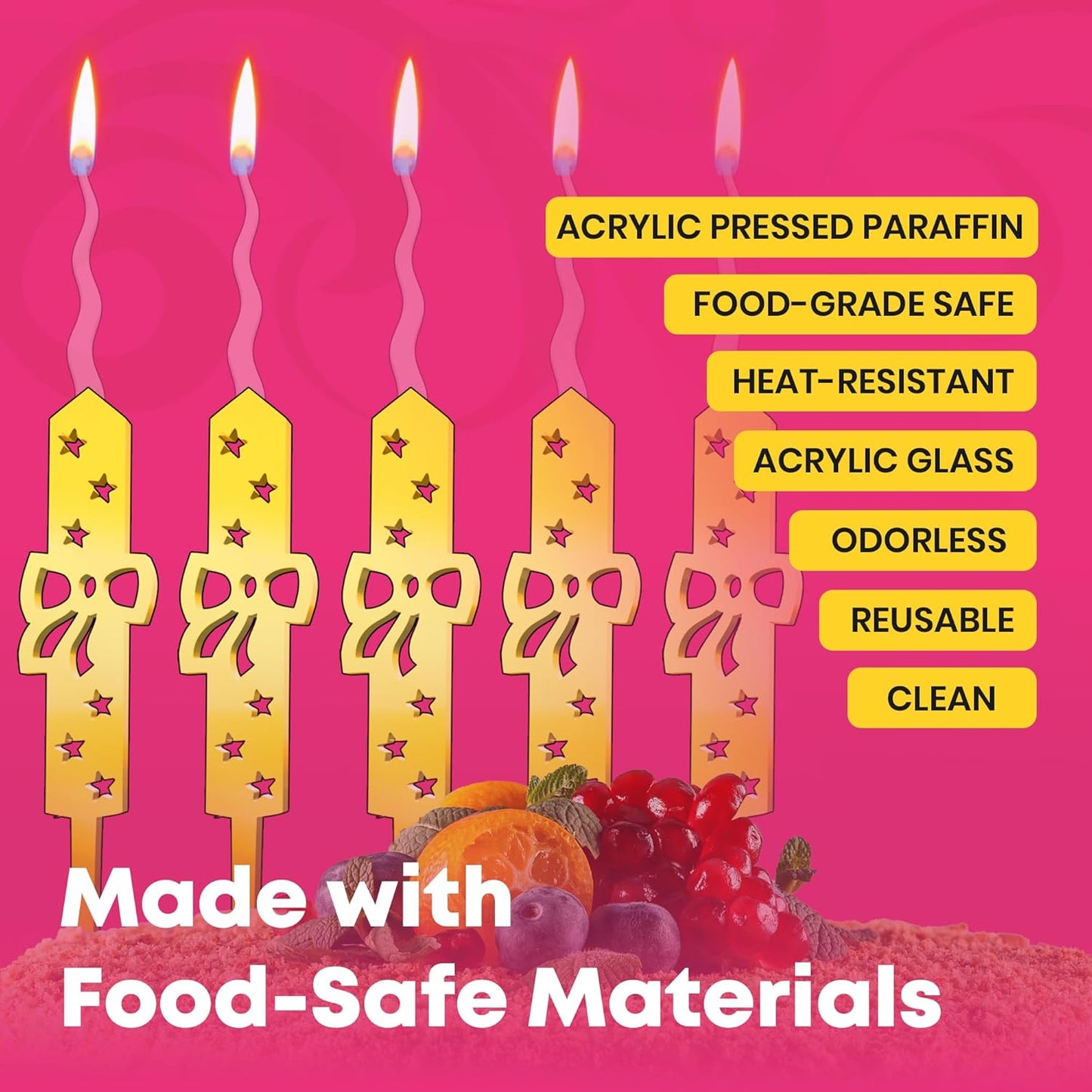 Set of 5 Reusable Gold Romantic Cake Candle - Luxury Cake Topper Candle for Birthdays, Weddings & Anniversaries - Reusable Food Safe Acrylic, Shiny Mirror Finish - Happy Birthday Cake Topper Decor