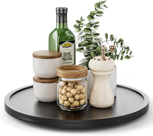 LAMU 12' Wood Lazy Susan Organizer Turntable for Cabinet, Lazy Susan for Table Top, Pantry, Kitchen, Bathroom, Countertop, Rotating Spice Organizer, Vanity Decor Tray, Pine Wood, Black