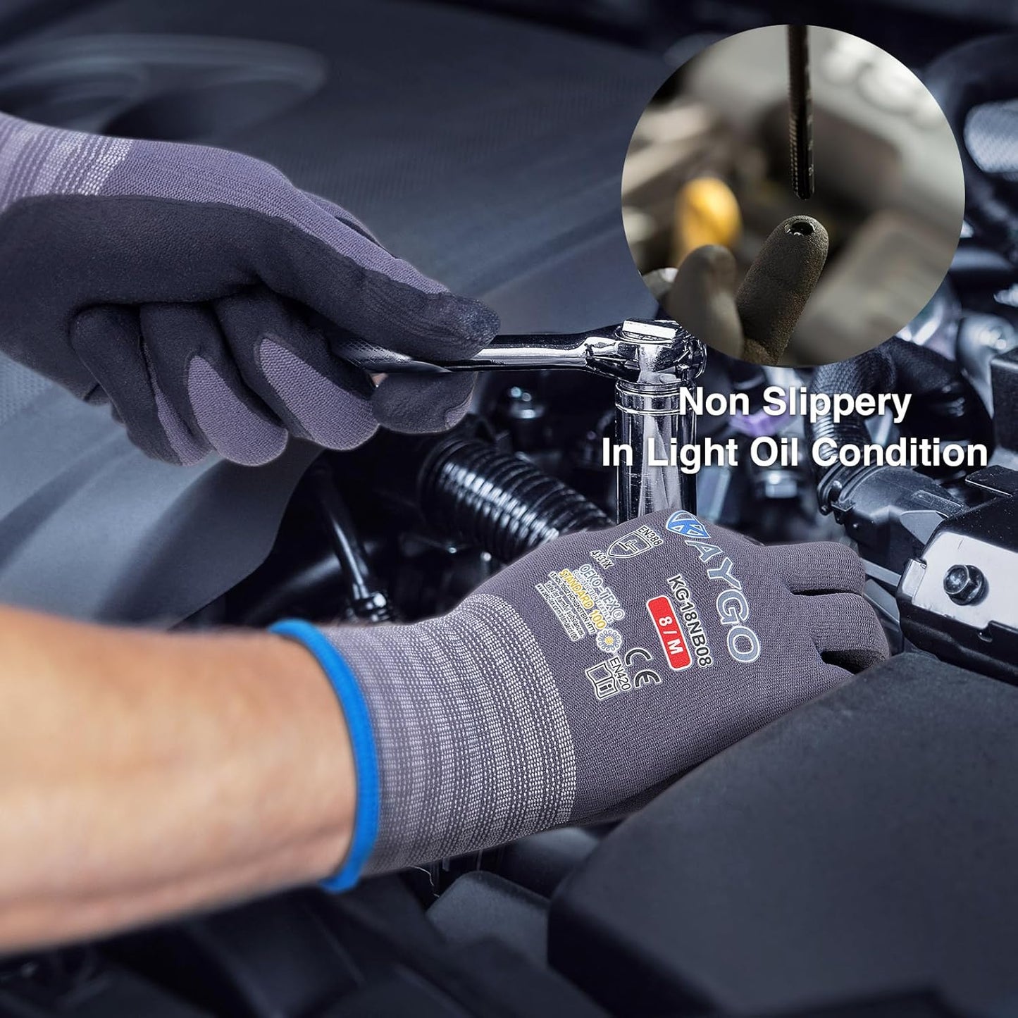 KAYGO Safety Work Gloves MicroFoam Nitrile Coated, 3 Pairs KG18NB,Seamless Knit Nylon Glove for Men and Women, Ideal for Automotive,Warehouse,Construction (2X-Large,Gray)