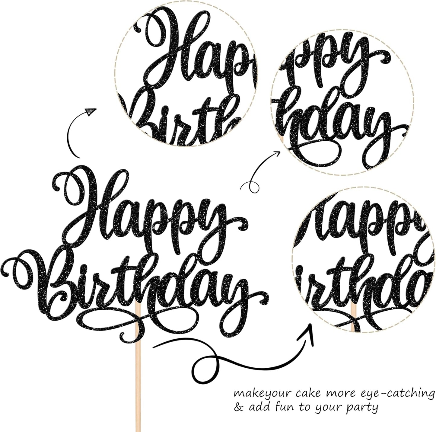 ZHUOWEISM 1 PCS Happy Birthday Cake Topper Glitter Happy Birthday Cake Pick Bunting Decor for Anniversary Celebrating Happy Birthday Party Cake Decorations Supplies Black
