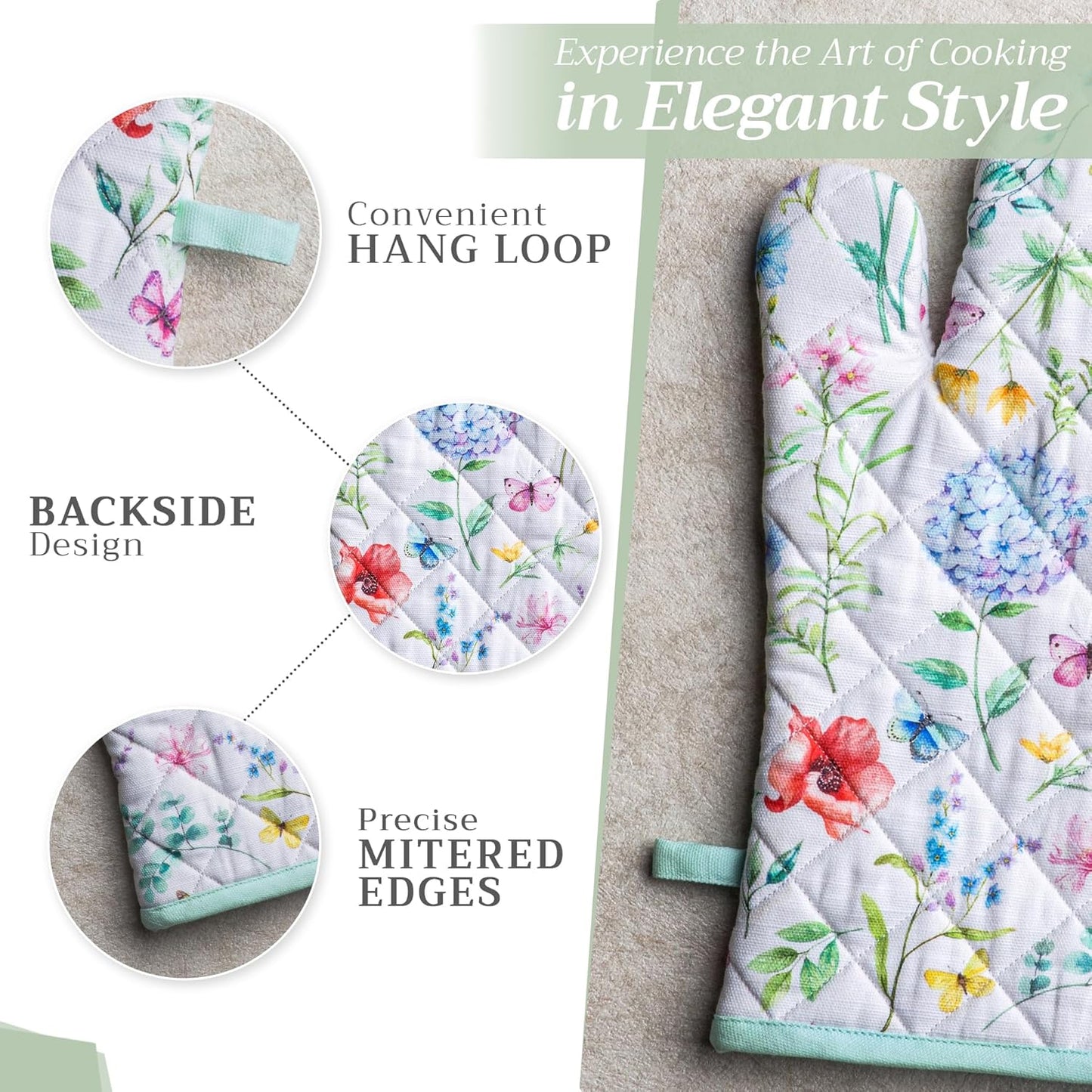 Maison d' Hermine Oven Gloves 100% Cotton Oven Mitt 7" x 13" with Loop Heat Resistant, BBQ, Cooking Gloves, Baking, Grilling, Kitchen, Handling Hot Pans Spring/Summer (Pack of 1, Just Floral)