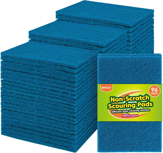 Non-Scratch Scouring Pads, 96Pcs Household Scour Pads for Kitchen, Garage and Outdoors, Reusable Dish Scrubber Pads for Pan and Metal Grill - Blue