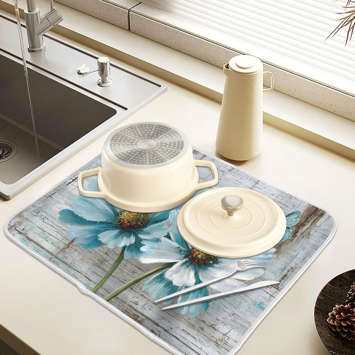 Rustic Teal White Daisy on Vintage Wooden Dish Drying Mat for Kitchen Counter Absorbent Microfiber Large Drying Pad Dish mats for Kitchen Countertops 18 x 24 Inch