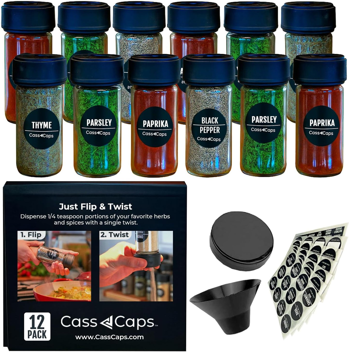 Glass Spice Jars & Measuring Cap Set - Twist to Dispense 1/4 Tsp Per Turn for Precise Cooking - Glass Jars with Lids Keep Kitchen Organized & Tidy - Enjoy Round Spice Jar Without Mess-12Pack