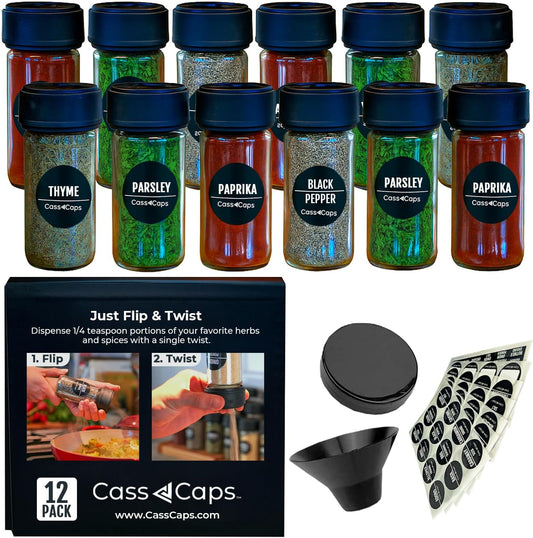 Glass Spice Jars & Measuring Cap Set - Twist to Dispense 1/4 Tsp Per Turn for Precise Cooking - Glass Jars with Lids Keep Kitchen Organized & Tidy - Enjoy Round Spice Jar Without Mess-12Pack