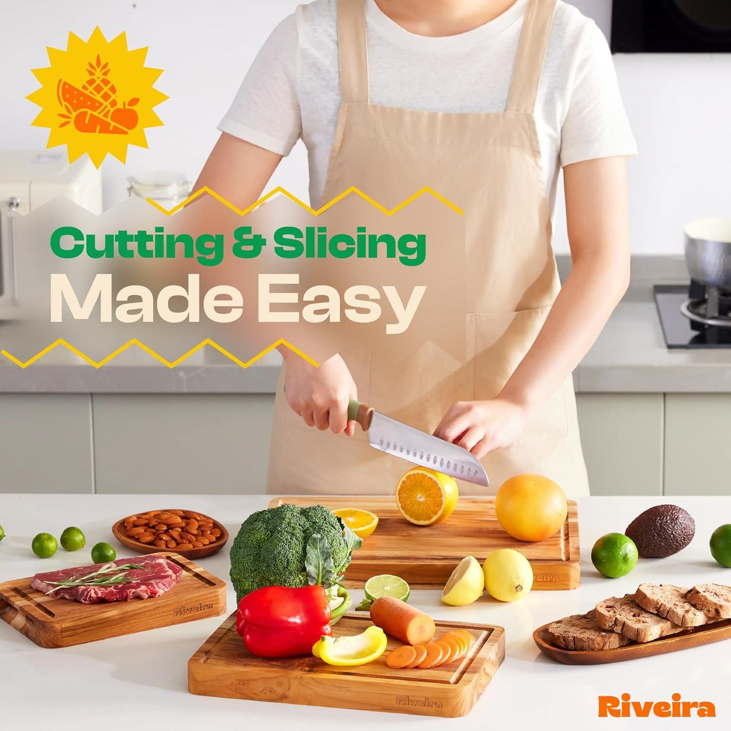 Riveira Teak Wood Cutting Board – Gourmet Teak Grandeur: 15 x 10 Wooden Cutting Board – Natural Wooden Cutting Boards For Kitchen Decorative – Innovative Juice Grooves Teak Wooden Chopping Board