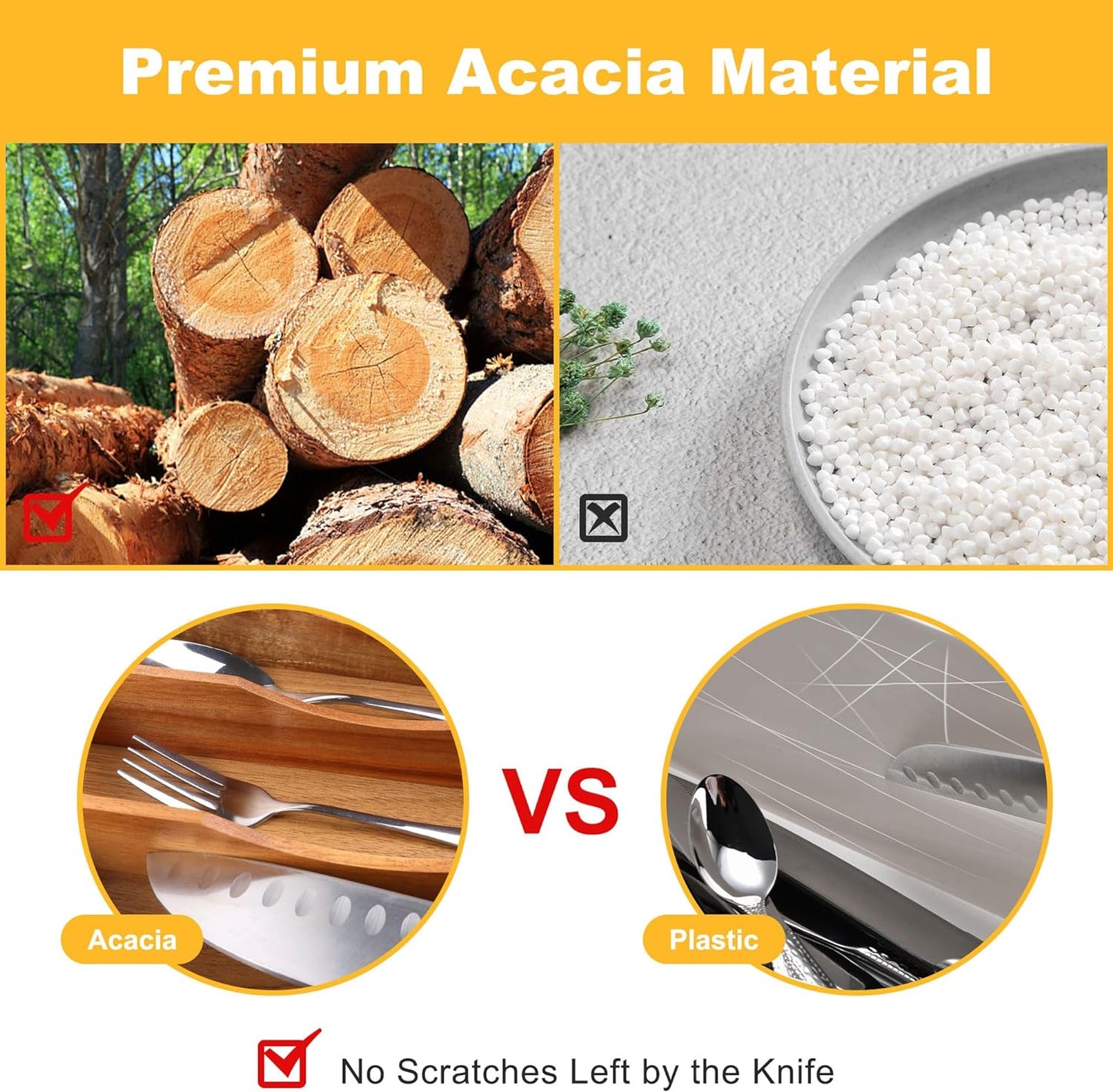 Kitchen Acacia Silverware Organizer - Extra Deep Grooved Drawer Divider, 7 Slot Utensil Organizer