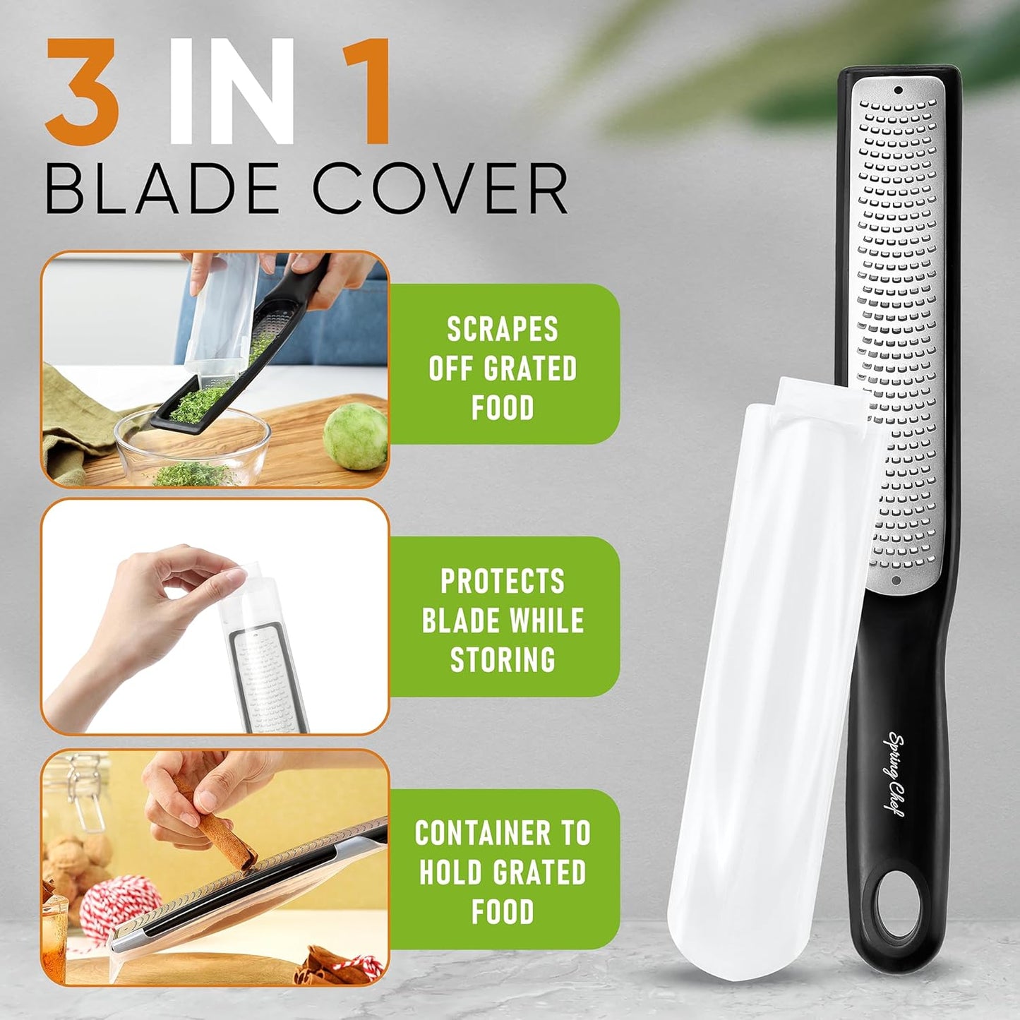 Spring Chef Premium Lemon Zester Grater with Handle - Ginger, Nutmeg, Garlic Grater - Heavy Duty Kitchen Tool - Stainless Steel Citrus Zester with Blade Cover - Fine & Coarse Shred, Set of 2, Black