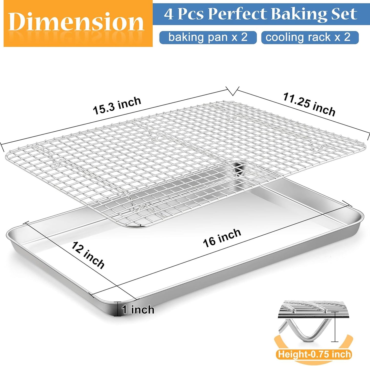 TeamFar Cookies Sheet with Rack, 16 x 12 x 1 Inch Stainless Steel Baking Sheet Tray Pans with Grid Wire Racks for Cooling Baking Roasting, Non-Toxic & Heavy Duty, Dishwasher Safe, 2 Pans + Racks