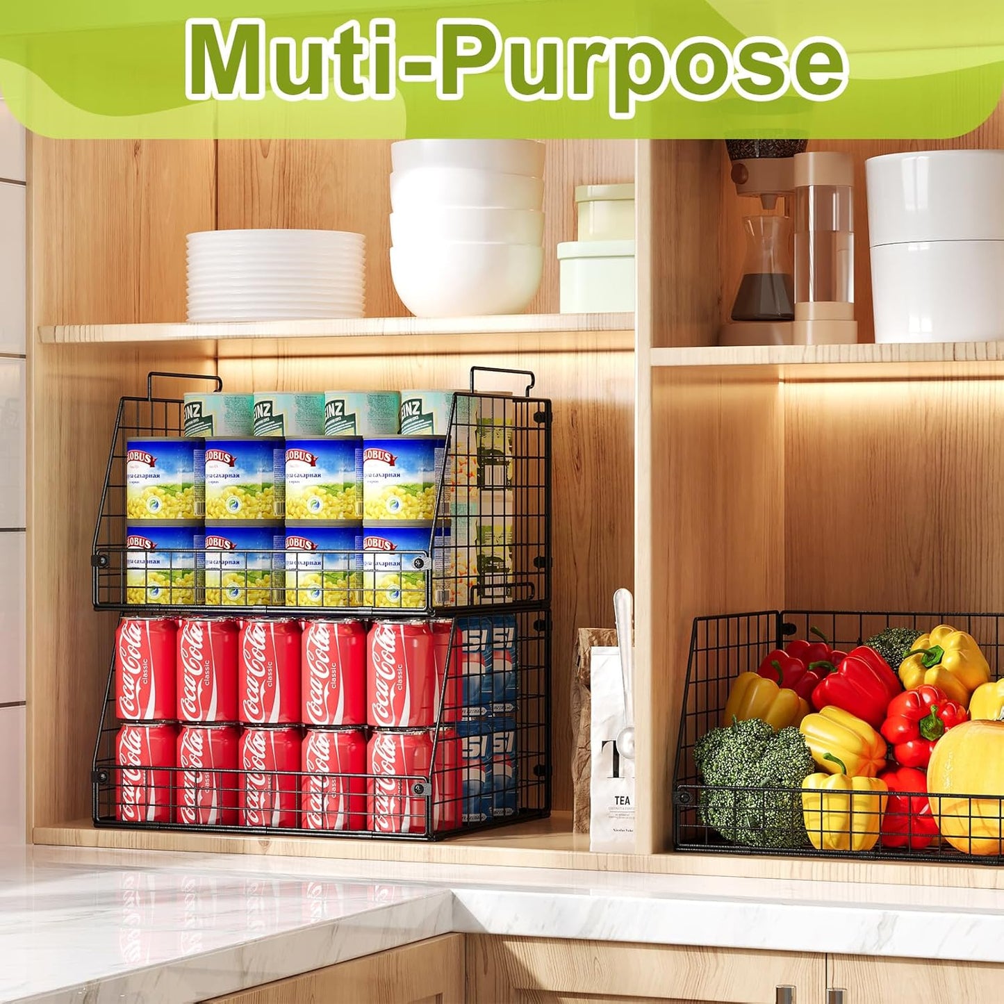 3 Pack XXL Stackable Wire Baskets, Large Storage Bins for Onion, Potato, Vegetable, Fruit, Snack, Pantry Baskets for Kitchen Cabinet Countertop, Pantry Organizers and Storage Solutions